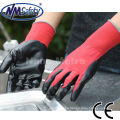 NMSAFETY 13gauge rojo recubierto de poliéster nirilo negro en guantes de palma